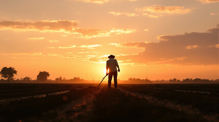 Obraz premium Silhouette of Farmer at Sunrise Golden Hour Agricultural Field Hopeful Scene.