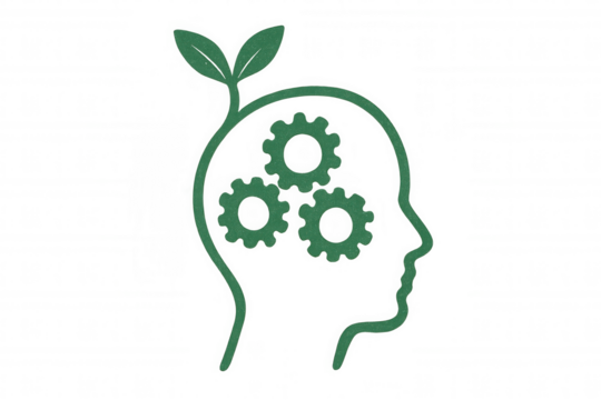 Human head outline with a green plant growing from it and gears inside, symbolizing growth mindset, environmental innovation, and sustainable thinking - Powered by Adobe