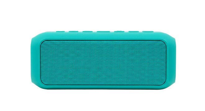 Teal rectangular textured bluetooth speaker on white background