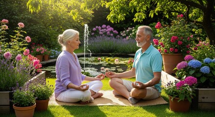 Relaxed mature couple practicing yoga and meditation in a vibrant garden setting