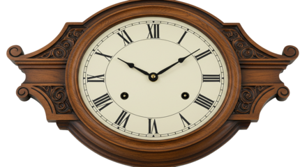 Antique wooden wall clock with roman numerals and ornate details