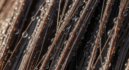 Stunning close up of shiny dark hair with water droplets glistening in the sunlight