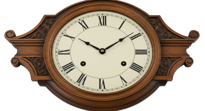 Antique wooden wall clock with roman numerals and ornate details