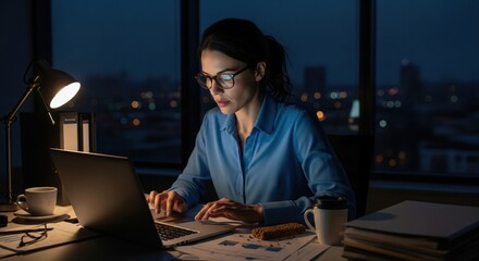Dedicated woman working late on laptop, city lights twinkle in the night sky background
