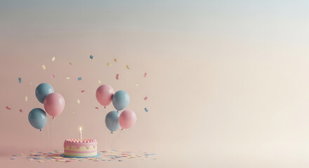Fototapeta premium A small, iced cake with a lit candle stands amidst floating pink and blue balloons and scattered confetti against a soft, gradient background.