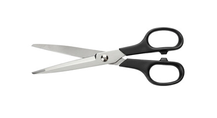 Sharp metal scissors with black handles on a black background