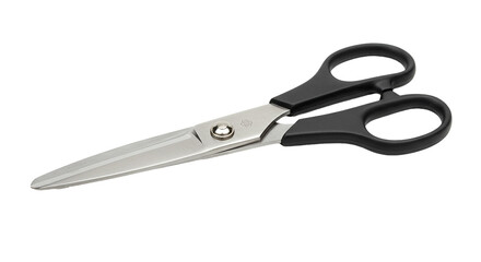 Sharp metal scissors with black handles on a black background
