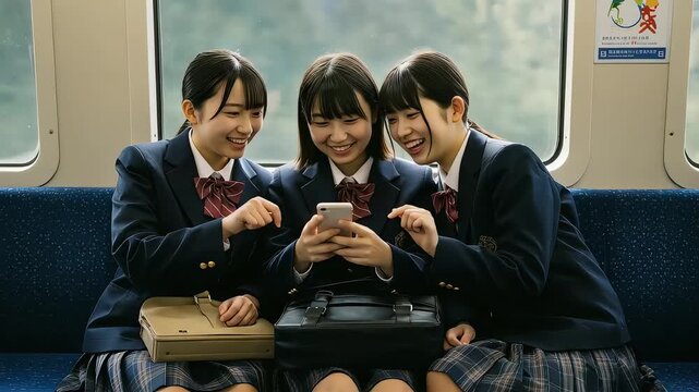 通学中の電車内でスマートフォンを見ながら笑い合う制服の女子高生3人組