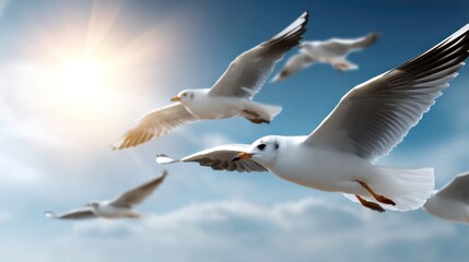 Obraz premium Seagulls in flight coastal horizon nature photography bright sky aerial view freedom and serenity