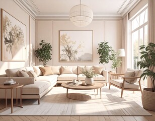 Beige living room with natural light