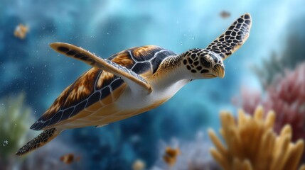 Graceful sea turtle swimming in vibrant coral reef underwater scene nature photography aquatic environment close-up view
