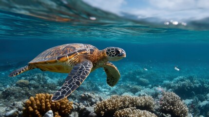 Graceful sea turtle swimming through vibrant coral reef underwater scene tropical ocean environment marine life concept