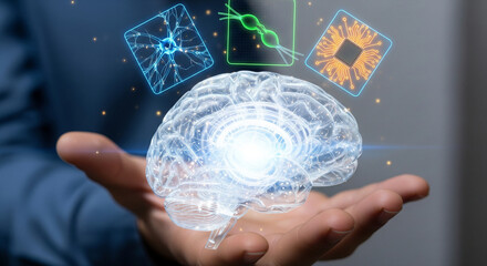 Closeup of a persons hand holding a glowing 3d model of a human brain with digital circuits