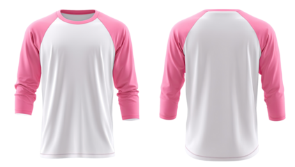 Front and back view of a white baseball/raglan sleeve t-shirt with pink accents