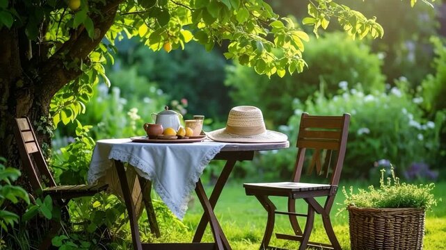 Serene Garden Tea: A tranquil garden scene features a small table set for tea under a tree, with a hat and cups, inviting relaxation.