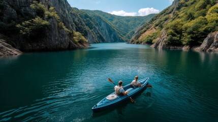 Kayaking adventure serene river valley outdoor activity natural landscape aerial view exploration and connection
