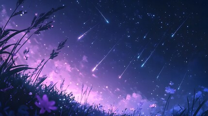 A field of wildflowers under a night sky filled with shooting stars, painted in soft violet and purple hues.