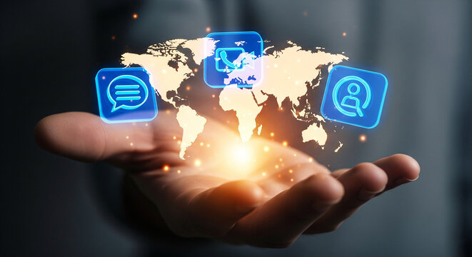Hand holding a glowing digital world map with communication and social media icons symbolizing global connectivity and digital networking