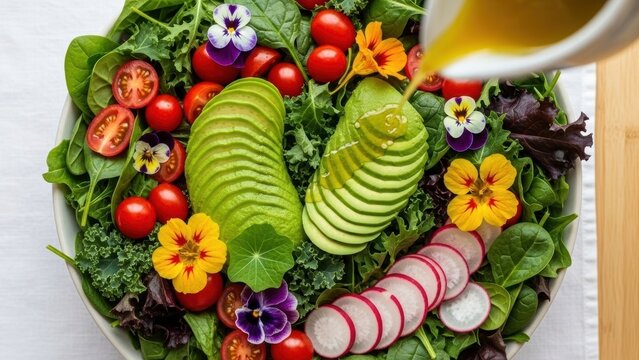 A beautiful, colorful salad with sliced avocado, cherry tomatoes, and edible flowers.