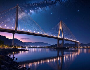Fototapeta premium A majestic cable-stayed bridge spans a tranquil body of water at night, under a starry sky