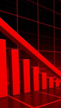 A red bar graph with a downward trend. The bars are red and the background is black. Concept of decline or decrease
