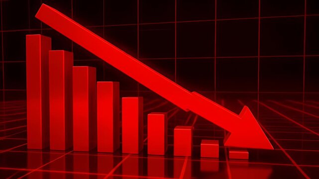 A red graph with a downward trend. The graph is a visual representation of a decrease in a particular value or measurement. The red color of the graph adds emphasis to the downward trend