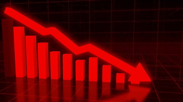 A red graph with a downward arrow on it, indicating a decrease in something. The graph is filled with red bars, and the arrow is positioned at the top left corner of the graph