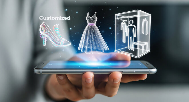 Smartphone displaying holographic fashion items like a dress, shoe, and closet, representing online shopping and customization