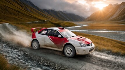 Obraz premium Rally car racing action mountain road sports photography scenic landscape dynamic viewpoint adventure concept