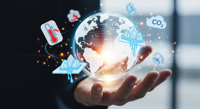 Hand holding a glowing digital globe with environmental icons representing climate change and global warming, symbolizing environmental protection and sustainability efforts - Powered by Adobe