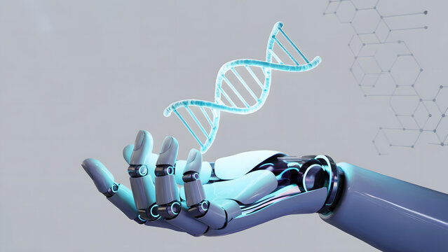 A robot hand holding a glowing dna strand with a light gray background and molecule structure design