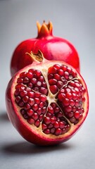 A juicy red pomegranate cut in half revealing seeds