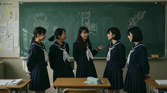 教室で笑顔で談笑する制服姿の女子学生たち
