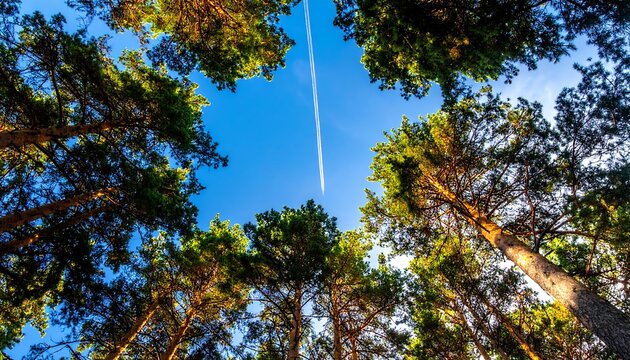 Looking up at a canopy of pine trees