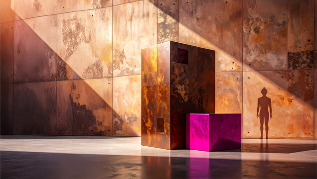 A conceptual image of a human silhouette against a raw industrial backdrop, with contrasting rust and vibrant magenta geometric shapes. Ideal for modern tech and design themes.