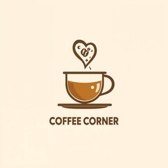 Minimalist coffee logo with a brown cup, heart-shaped steam, and beans on a cream background, bold “COFFEE CORNER” text, ideal for café branding, packaging, or signage.