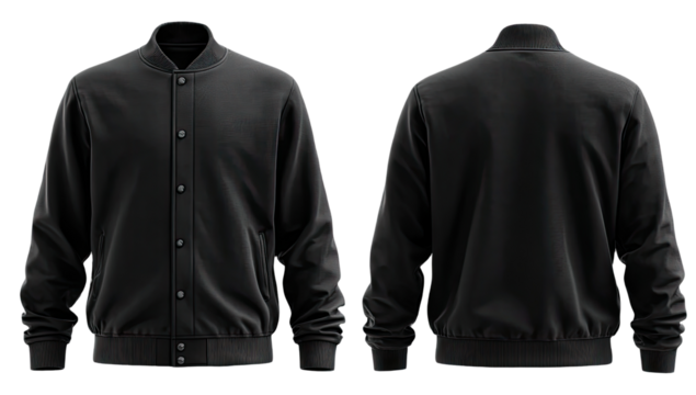 Black bomber jacket, front and back views