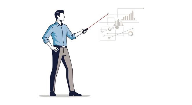 Businessman presenting data visualizations with a pointer, showcasing financial charts and graphs. - Powered by Adobe