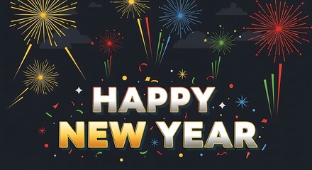 Festive Happy New Year Fireworks Display on Dark Background.