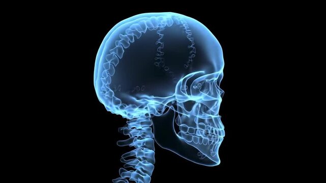 Human Skull X-Ray View and Cervical Spine Anatomy Visualization