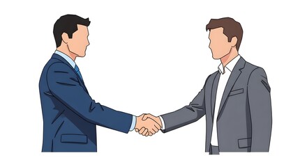 Fototapeta premium Two businessmen in suits shaking hands, symbolizing agreement and collaboration.