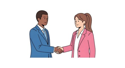 Obraz premium Two business people, a man and a woman, shaking hands in agreement, wearing suits on a white background.