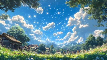 A picturesque, idyllic village nestled in a valley under a vibrant, star-studded sky, bathed in sunlight and filled with lush greenery.