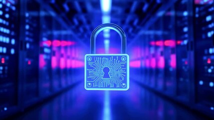 A glowing digital padlock symbolizing cybersecurity in a vibrant server room with blue and pink lights - Powered by Adobe