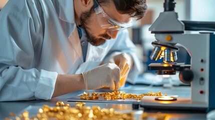 Scientist analyzing gold ore samples under microscope in laboratory setting