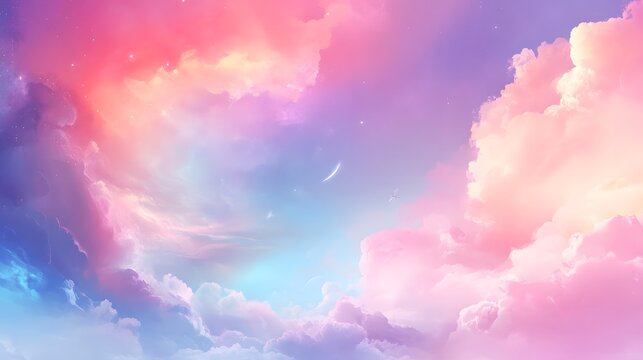 A dreamy, pastel-hued sky filled with fluffy clouds, featuring a soft color palette of pinks, purples, and blues, evokes a sense of peace and tranquility.