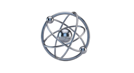 Futuristic Metallic Atomic Model with Silver Spheres and Orbiting Rings on White Background