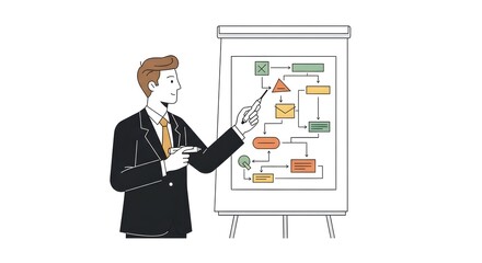 Businessman presenting a flowchart, explaining a process, strategy, or workflow.