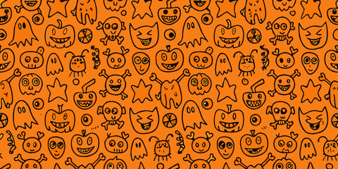 Whimsical halloween doodle pattern featuring pumpkins ghosts skulls cats and stars on an orange background