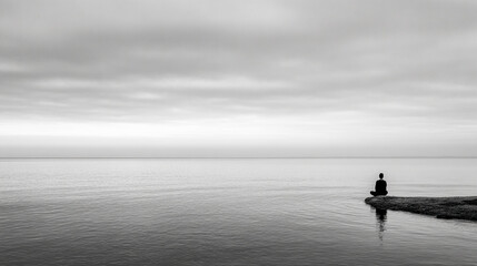 Minimalist Monochrome Seascape Featuring Small Yoga Figure Meditating on Shoreline  